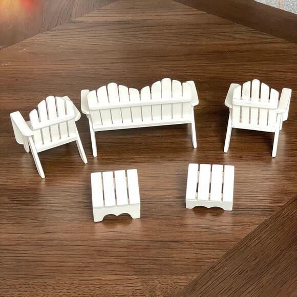 Miniature Adirondack Dollhouse Furniture White Wooden Bench Chairs 5 Piece 1:12 - Picture 4 of 10